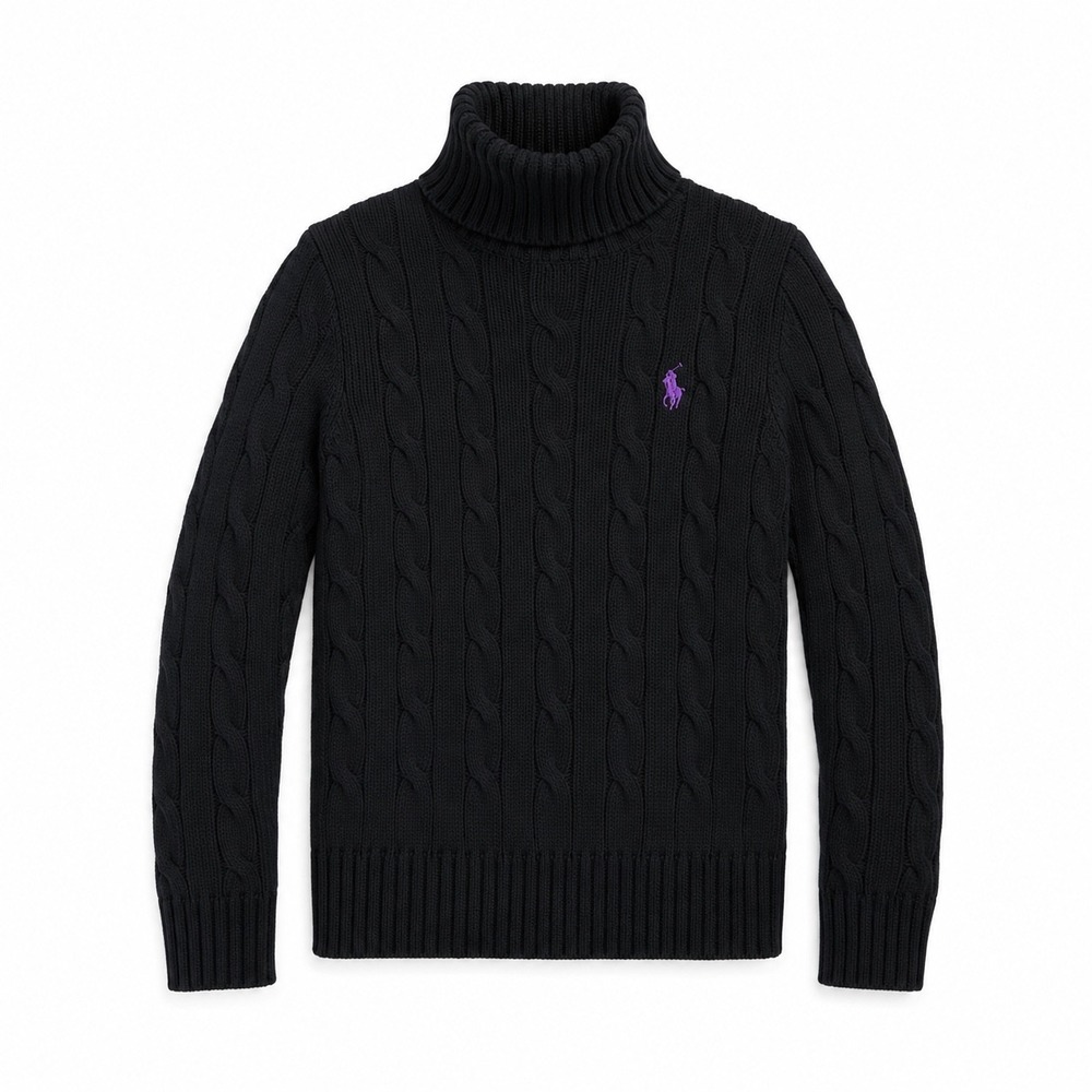 Ralph Lauren Sport Turtleneck Girls M Black Cable Knit Purple Pony Sweater